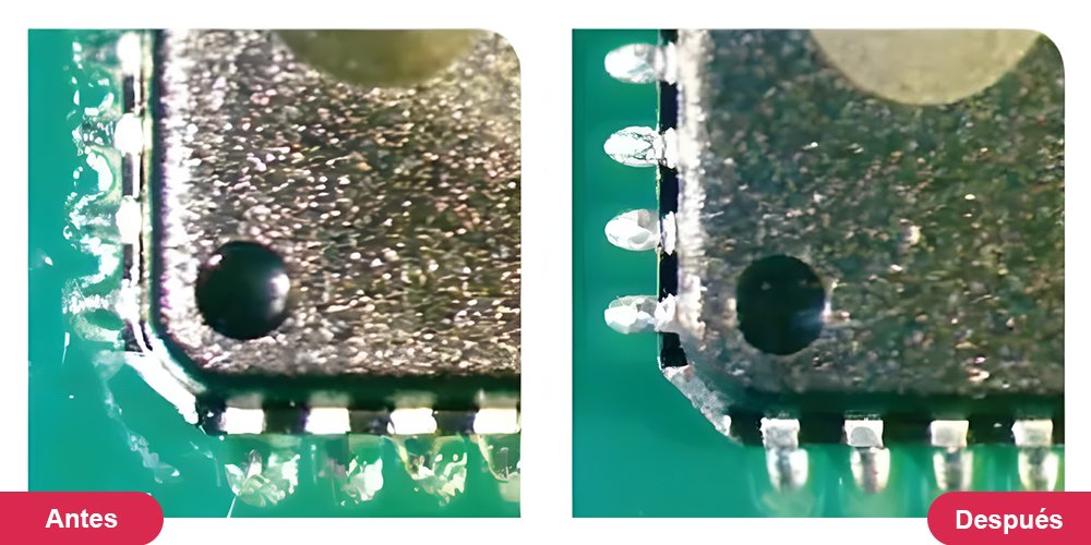 Comparación del antes y el después de la limpieza del fundente de PCB en el componente
